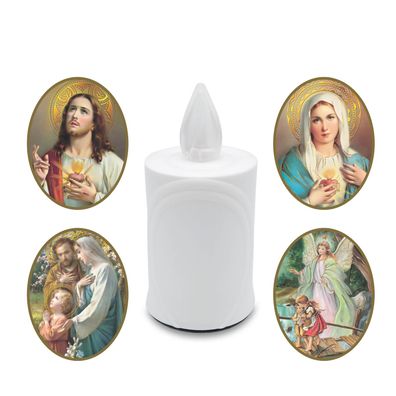 LED Grabkerze Flackereffekt lange Brenndauer weiß inkl. Auswahl an Heiligen