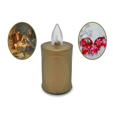 LED Weihnachtskerze Flackereffekt lange Brenndauer gold mit Weihnachtsmotiv