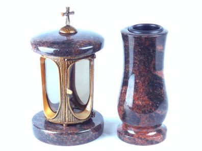 designgrab Runde Grablampe (messingfarben) mit Kreuz & passender Granitvase – stilvol