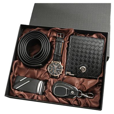 Geschenkbox 4PCS Männer Gürtel Quarzuhr Geldbörse Schlüsselanhänger