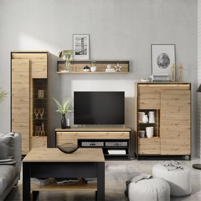 Wohnzimmer-Set QUANT-1 Wohnwand Hängewohnwand Schrankwand LED Loft 5-teilig