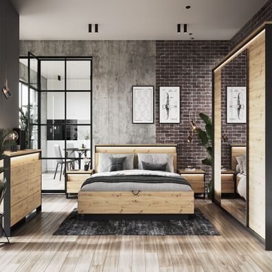 Schlafzimmer-Set QUANT-2 Doppelbett Nachttische Kleiderschrank LED Loft 5-teilig