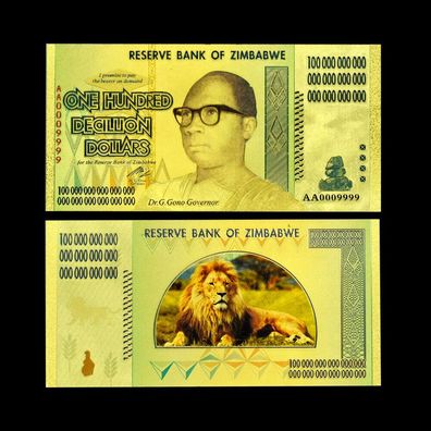 One Hundred Decillion Dollar/ vergoldete Banknote/ Zimbabwe (Zim21102520)