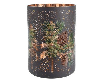 Teelichthalter Glas 12,5cm mit Tannenzweigen & Zapfen Motiv 1 Stück