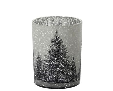 Teelichthalter Glas 8cm mit Tannenbaum Motiv Grau
