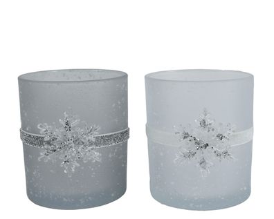 Teelichthalter Glas 10cm mit Schneeflocke am Band 1 Stück sortiert