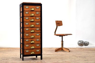 Schubladenschrank Bauhaus Loft Antik Apothekerschrank Holz Alt Metall schmal hoch