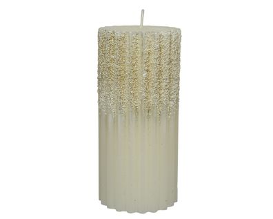 Stumpenkerzen Wachs mit Rillen / Glitzer 7 x 15cm - Wollweiß