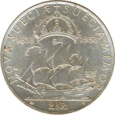 Schweden 2 Kronor 1938 300 Jahre Besiedlung von Delaware Silber*