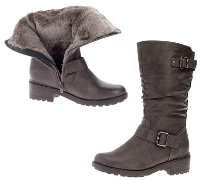 Stiefel Winterstiefel Damenschuhe Leder-Optik Boots Schuhe Warm Gefüttert Braun