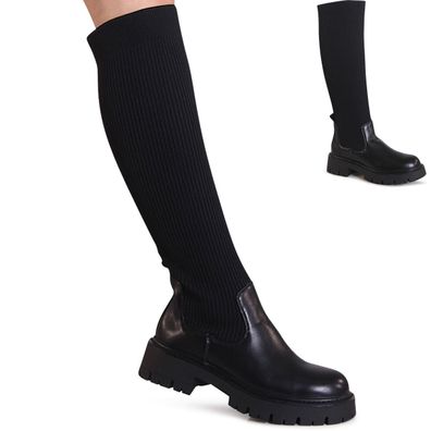 topschuhe24 3191 Damen Plateau Stiefel Strick Stulpen Elastisch