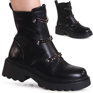 topschuhe24 3192 Damen Plateau Stiefeletten Glitzer Kette