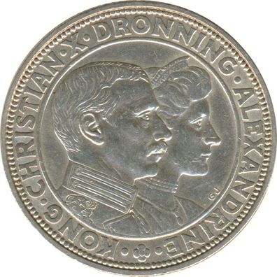 Dänemark 2 Kroner 1923 Silberne Hochzeit des Königspaares Silber*