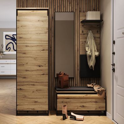 Garderoben-Set QUANT-3 Flurgarderobe Schuhschrank Paneel Spiegel Loft 4-teilig