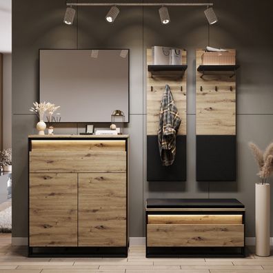 Garderoben-Set QUANT-4 Flurgarderobe Schuhschrank Paneel Spiegel Loft 5-teilig