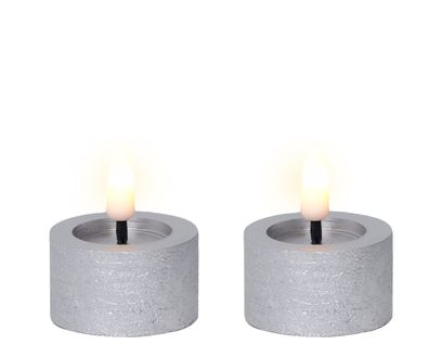 LED Teelichter mit Timer 4,4x5cm Wachs Silber / Warmweiß 2 Stück