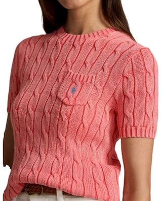 Ralph Lauren Damen Strickshirt Kurzarm Koralle Zopfmuster Classic Fit