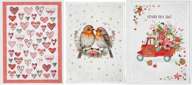 1 Geschirrtuch Herzen Rotkehlchen Blumen Geschirrtücher Mitbringsel Geschenkidee