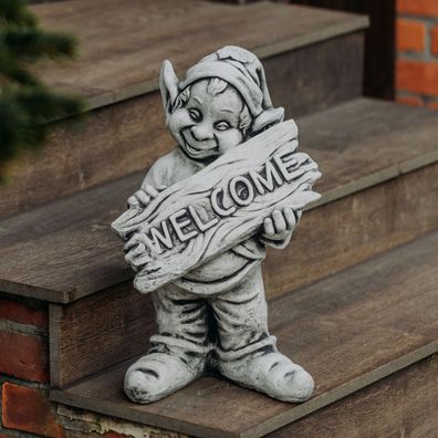 Massive große Steinfigur Gnom Welcome Troll Wichtel Kobold Steinguss frostfest