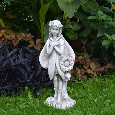 Massive Steinfigur Elfe mit Sonnenblume Fee Garten Raumdeko Steinguss frostfest