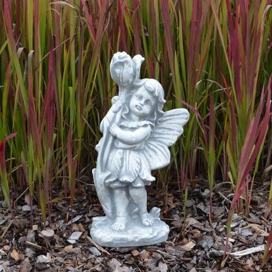 Massive Steinfigur Fee Elfe mit Rose Gartendeko Raumdeko aus Steinguss frostfest