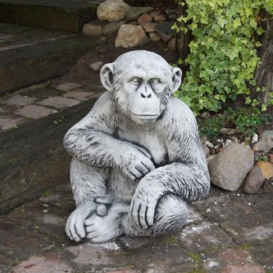 Massive Steinfigur Gemeine Schimpanse Affe, Höhe 42 cm, Steinguss frostsicher
