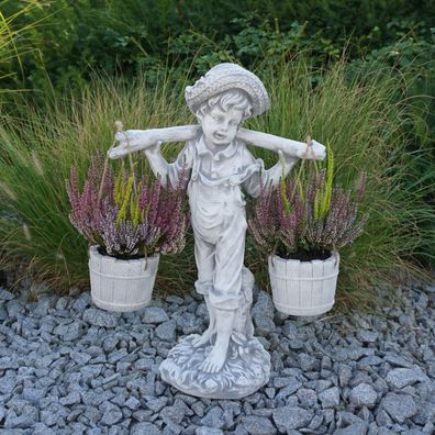Massive Steinfigur Junge mit Blumenampel bepflanzbar aus Steinguss frostfest