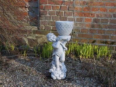 Massive Steinfigur Junge mit Blumentopf auf Fels Blumentopf Steinguss frostfest