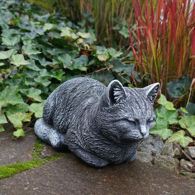 Massive Steinfigur liegende Katze antik 35 x 20 cm aus Steinguss frostsicher
