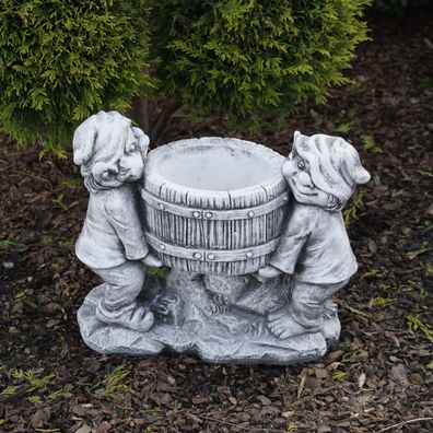 Massive Steinfigur lustige Gnome mit Pflanzgefäß Wichtel aus Steinguss frostfest