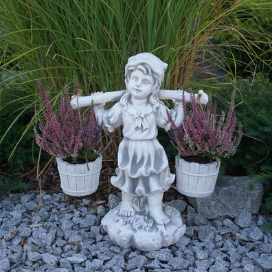 Massive Steinfigur Mädchen mit Blumenampel bepflanzbar aus Steinguss frostfest