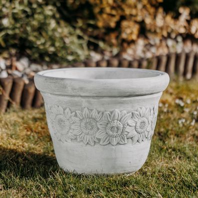 Massive Steinfigur Pflanzgefäß H. 27 cm Sonnenblumen-Motiv Steinguss frostsicher