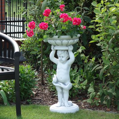 Massive Steinfigur Statue Blumensäule mit Junge Pflanzgefäß Steinguss frostfest
