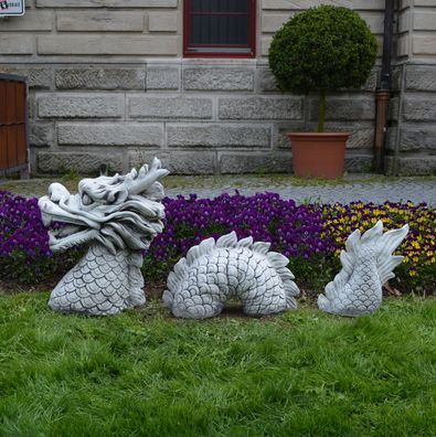 Riesiger chinesischer Drache 3-teilig Steinfigur Dinosaurier Steinguss frostfest