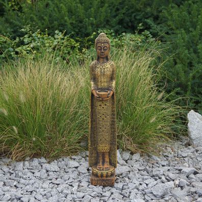 Stein Buddha schmal Farbe exclusiv Mönch Tempelwächter aus Steinguss frostfest