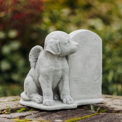 Steinfigur Engel - Hund mit Grabstein H. 22 cm, 6 kg, aus Steinguss frostsicher