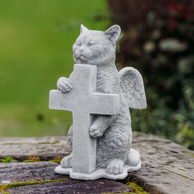 Steinfigur Engel - Katze mit Kreuz, H. 27 cm, 6 kg, aus Steinguss frostsicher