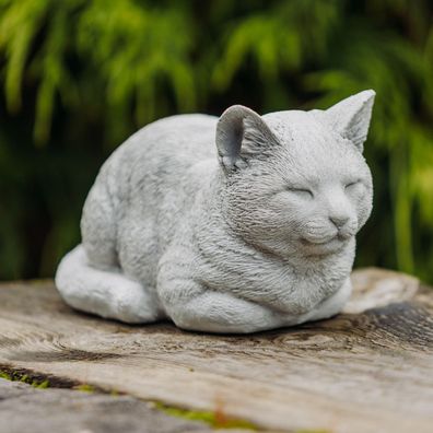 Steinfigur liegende Katze H. 11 cm, 19 x 11 cm, Grau, 2 kg Steinguss frostsicher