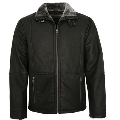 Redpoint - Herren Lederjacke Lammnubuk Kunstfell schwarz