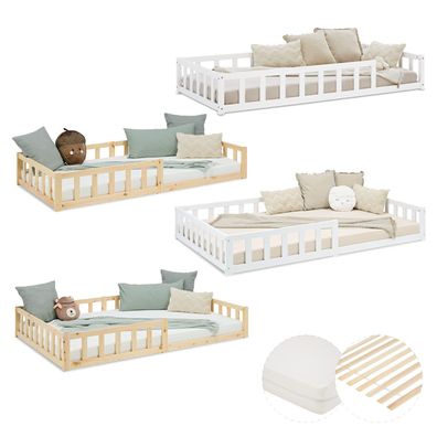 Kinderbett 90x200 oder 120x200 Bodenbett mit Rausfallschutz Matratze Lattenrost