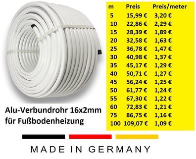 Alu - Verbundrohr 16 x 2 mm für Fußbodenheizung Heizrohr