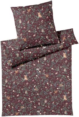 Elegante Mako Jersey Bettwäsche 135x200 Hide dunkelrot Waldtiere Fuchs Dachs Vögel