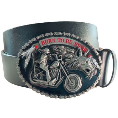 Ledergürtel Wechselgürtel Gürtel in schwarz mit Biker Gürtelschnalle Buckle