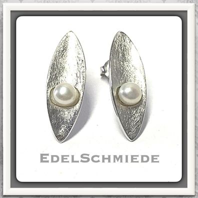 Edelschmiede925 Ohrstecker in 925 Silber rhod. eismatt + Perle