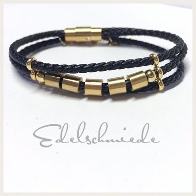 mehrreihig geflochtenes Textilarmband schwarz mit Edelstahlschließe vergoldet (Magnet