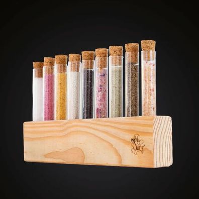 Geschenk Manufakturgewürze 9 Röhrchen + Gewürzständer mit Salze und Pfeffer