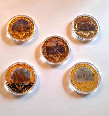 5 Stück Thailands Sehenswürdigkeiten Medaillen/Souvenir/ vergoldet (TM2410252)