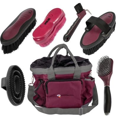 Pferdepflegeset Putzset Bordeaux mit Tasche, Bürsten & Hufkratzer