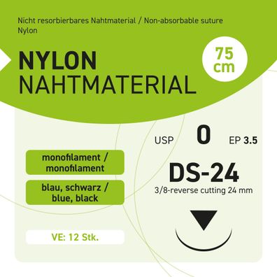 NYLON Nahtmaterial USP 0 EP-3.5 DS-24 - 12 Stück