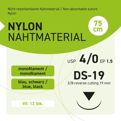 NYLON Nahtmaterial USP 4-0 EP-1.5 DS-19 - 12 Stück
